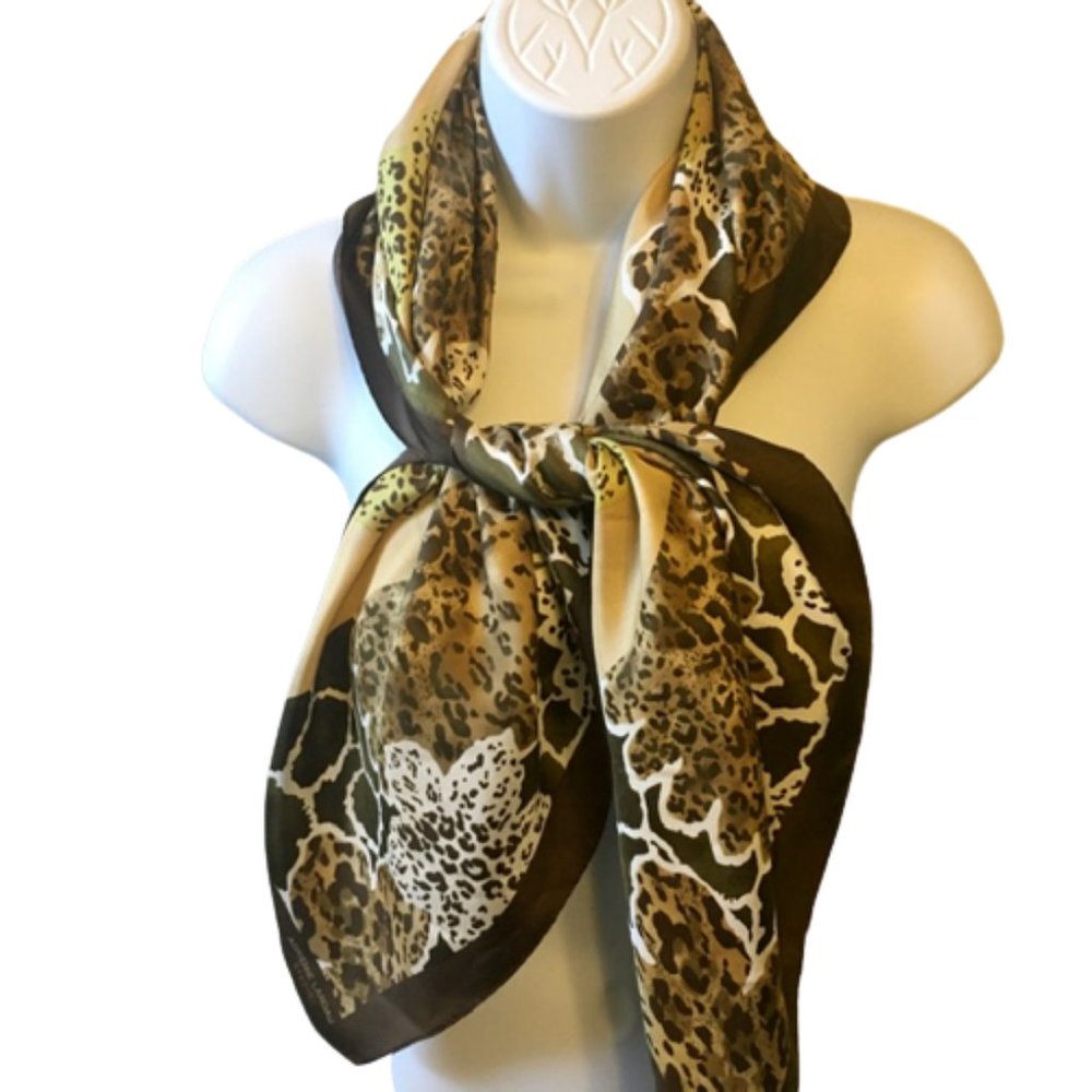 Adrienne Landau Studio Vintage Silk Scarf Animal Prints Leopard Brown Gold Large - Picture 5 of 7